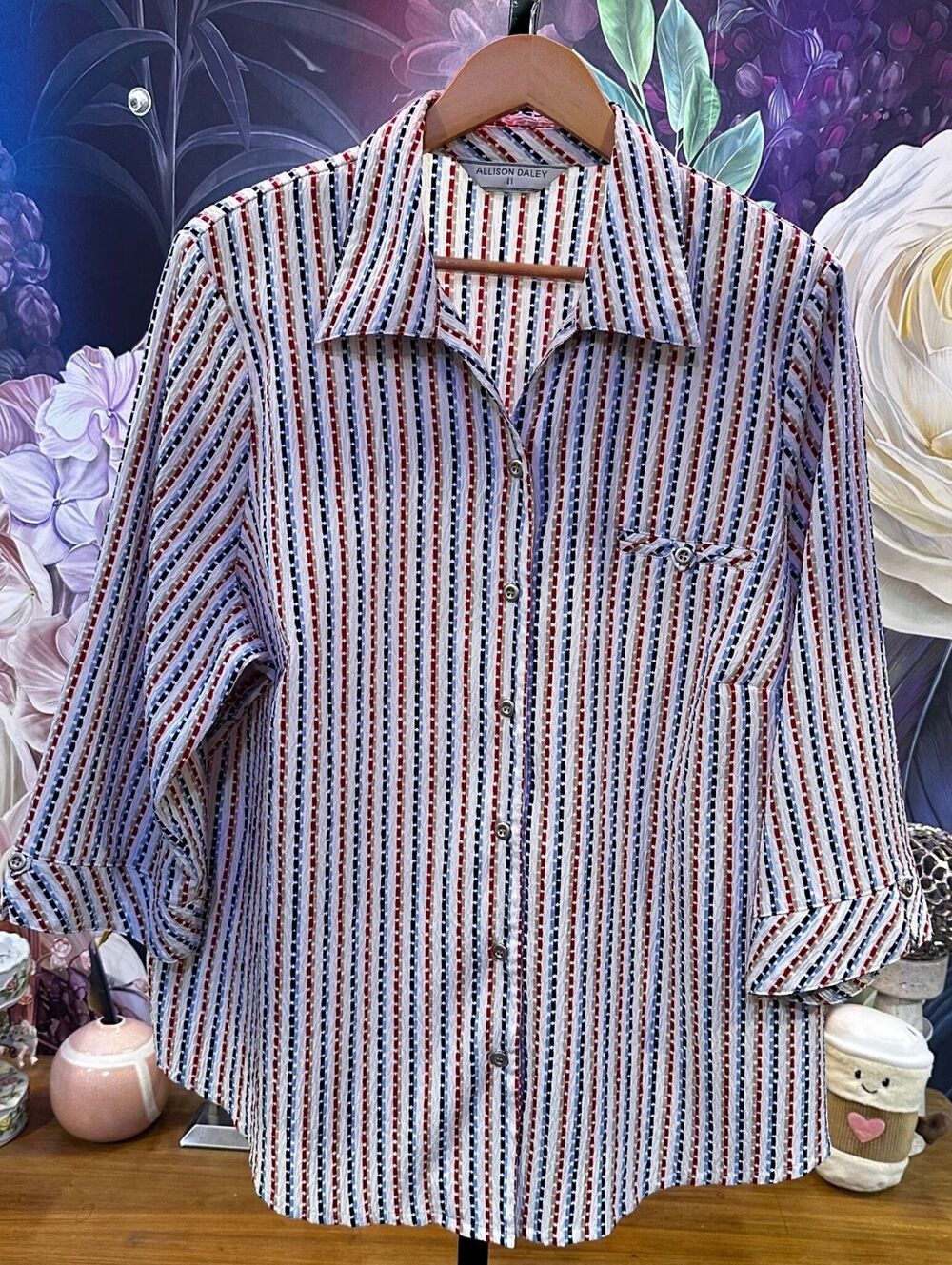 Allison Daley Approx XL 1X Striped Button Front Blouse Retro Americana Red Blue